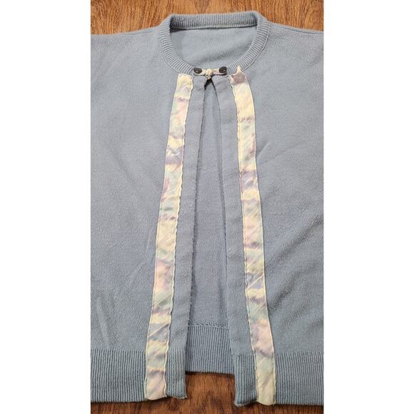 Vintage 1960s Blue Ribbon Trim Crew Neck Summer Cardigan XS/Sm One Button Knit - Picture 4 of 7